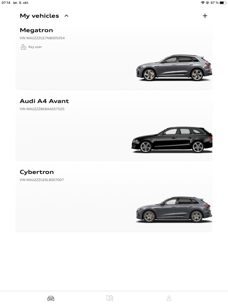 i myAudi-appen kan du kontrollere de forskjellige bilene dine